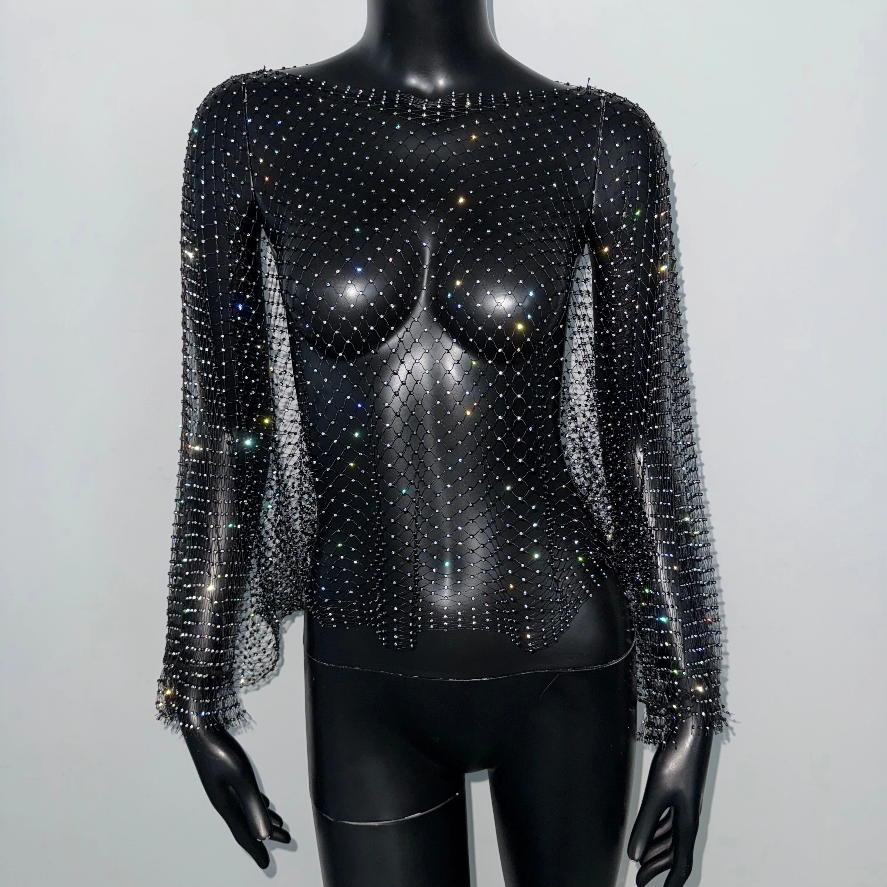 لامعة الماس شبكة صيد السمك كم طويل تي شيرت للنساء مثير انظر من خلال الجوف خارج شبكة عارية الذراعين المحاصيل الأعلى نادي الحفلات تانك القمم