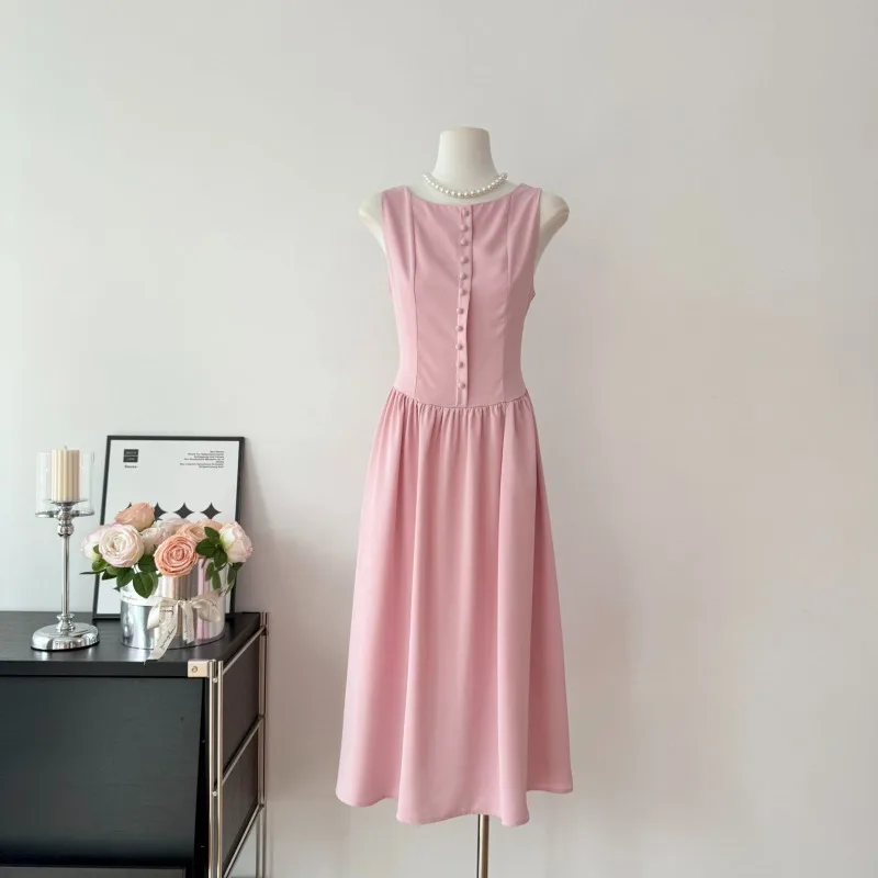 

French Fashionable and Elegant Style Dress 2024 Women's Summer New Solid Color Round Neck Long Dresses Female Clothing