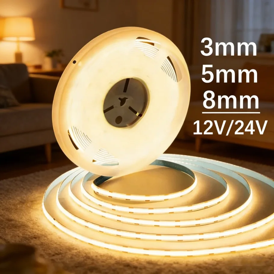 Ultra Thin COB LED Strip Lights 320/400LEDs/M - Flexible High Density Dimmable Ribbon for Home Bedroom Party DC 5V 12V 24V