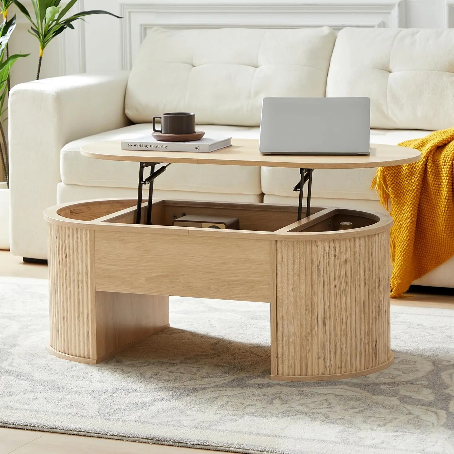 Fluted Coffee Table with Lifting Top, Oval Wood Lift Top Coffee Table with Hidden Compartment, Mid Century Pull up, Customized