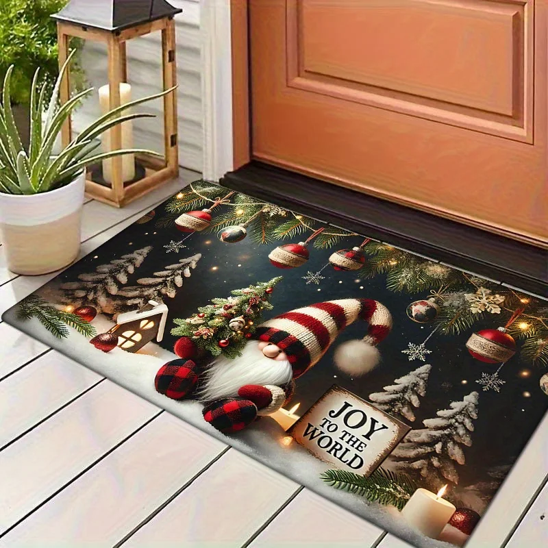 Gnome Joy Text Colorful Lights Snow Tree Night Scene Rug For Magical Christmas Setting Non Slip Indoor Floor Mat