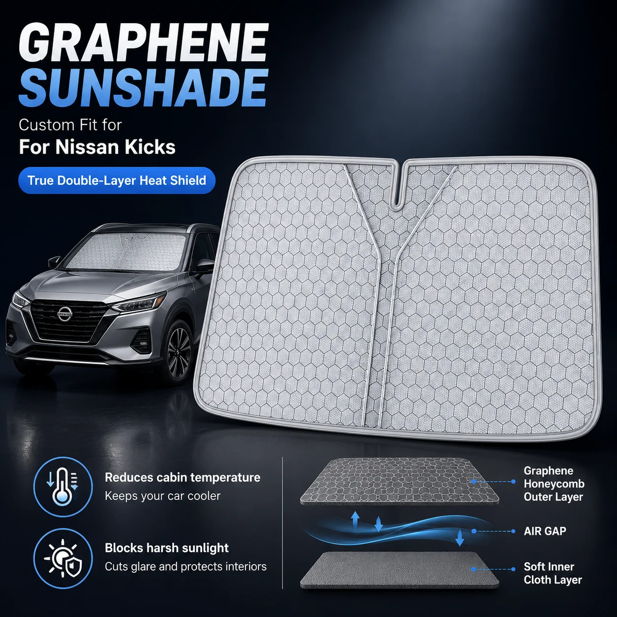 For Nissan Kicks Graphene Windshield Sunshade Custom Fit Car Sunshade UV Sun Protection Car Accessories