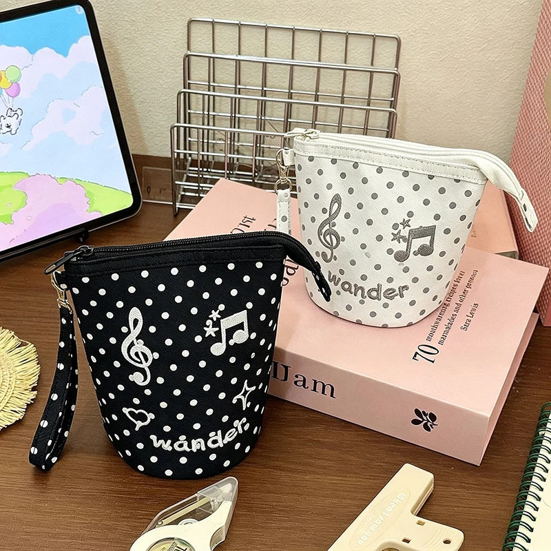 Polka Dot Musical Note Embroidery Cosmetic Bag Vertical Stand‑up Makeup Brush Storage Pouch Portable Toiletry Organizer Bag