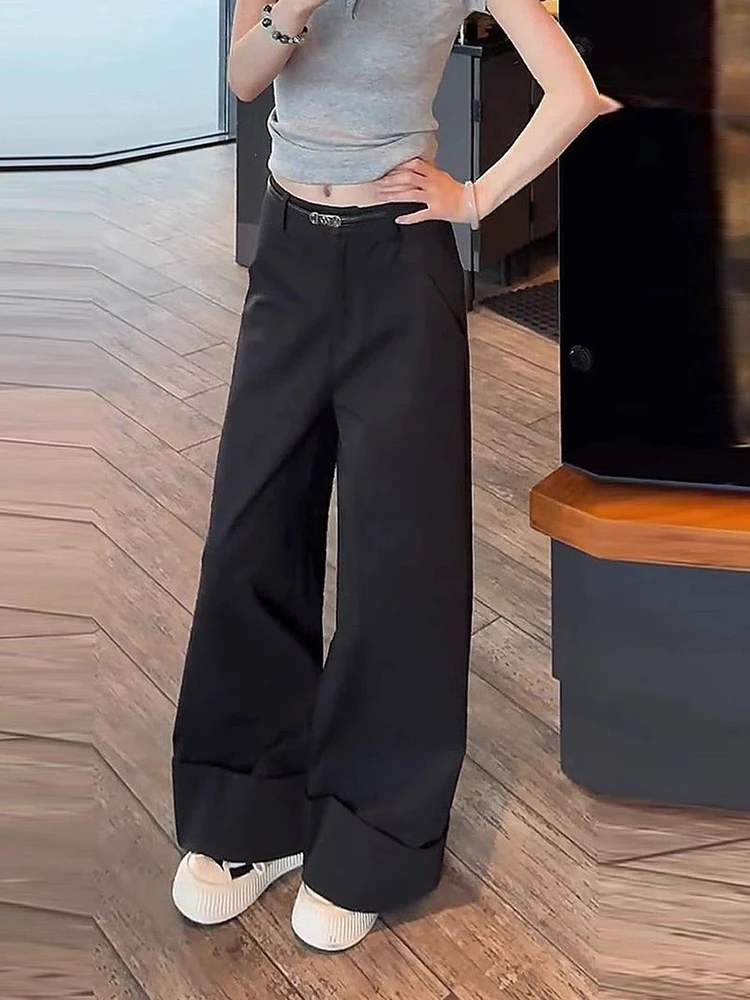خمر بنطال ذو قصة أرجل واسعة النساء التلبيب حافة الصلبة فضفاض حزام غير رسمي عالية الخصر بنطلون Y2K الشارع الشهير Harajuku مكتب سيدة السراويل جديد