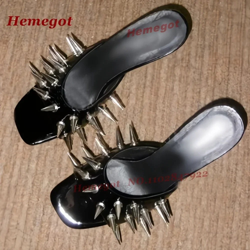 

Black Studded Glossy Slippers Square Toe Stiletto Heels Women's Mules 2025 New Summer Slip On Rivet Outside Casual Shoes Sexy