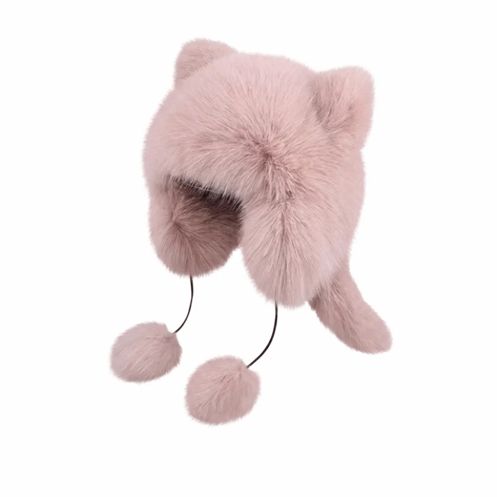 Fashion Solid Color Raccoon Hat Thickened with Balls Ear Protection Hat Flat Top Windproof Faux Fur Beanie Unisex