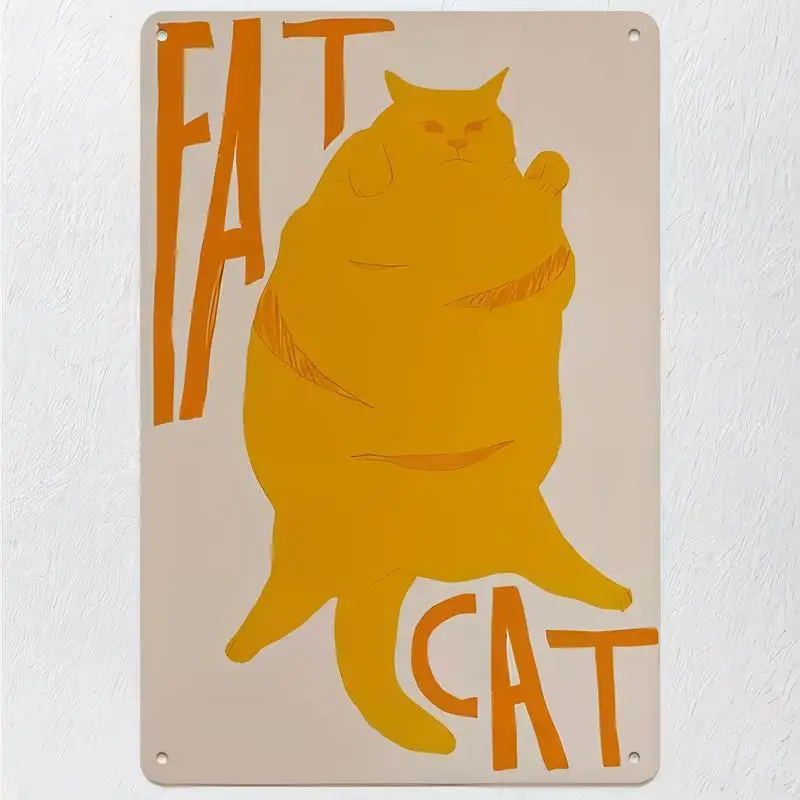 Vintage Iron Metal Sign with Orange Fat Cat, Minimalist Design, Beige Background - Retro Wall Decor for Home, Café, Bar | Iron M