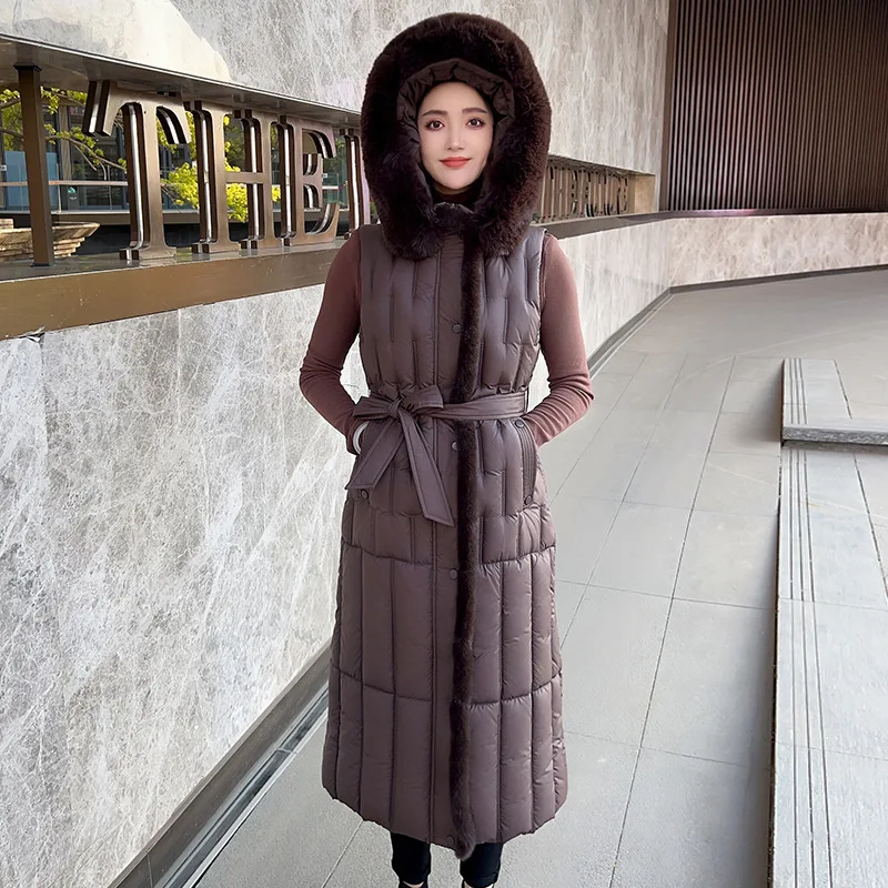 

Winter Faux Fur Collar Hooded Women's Long Quilted Vest Hooded Sleeveless Button Down Puff Vest Cotton Padded Jacket Winter Coat