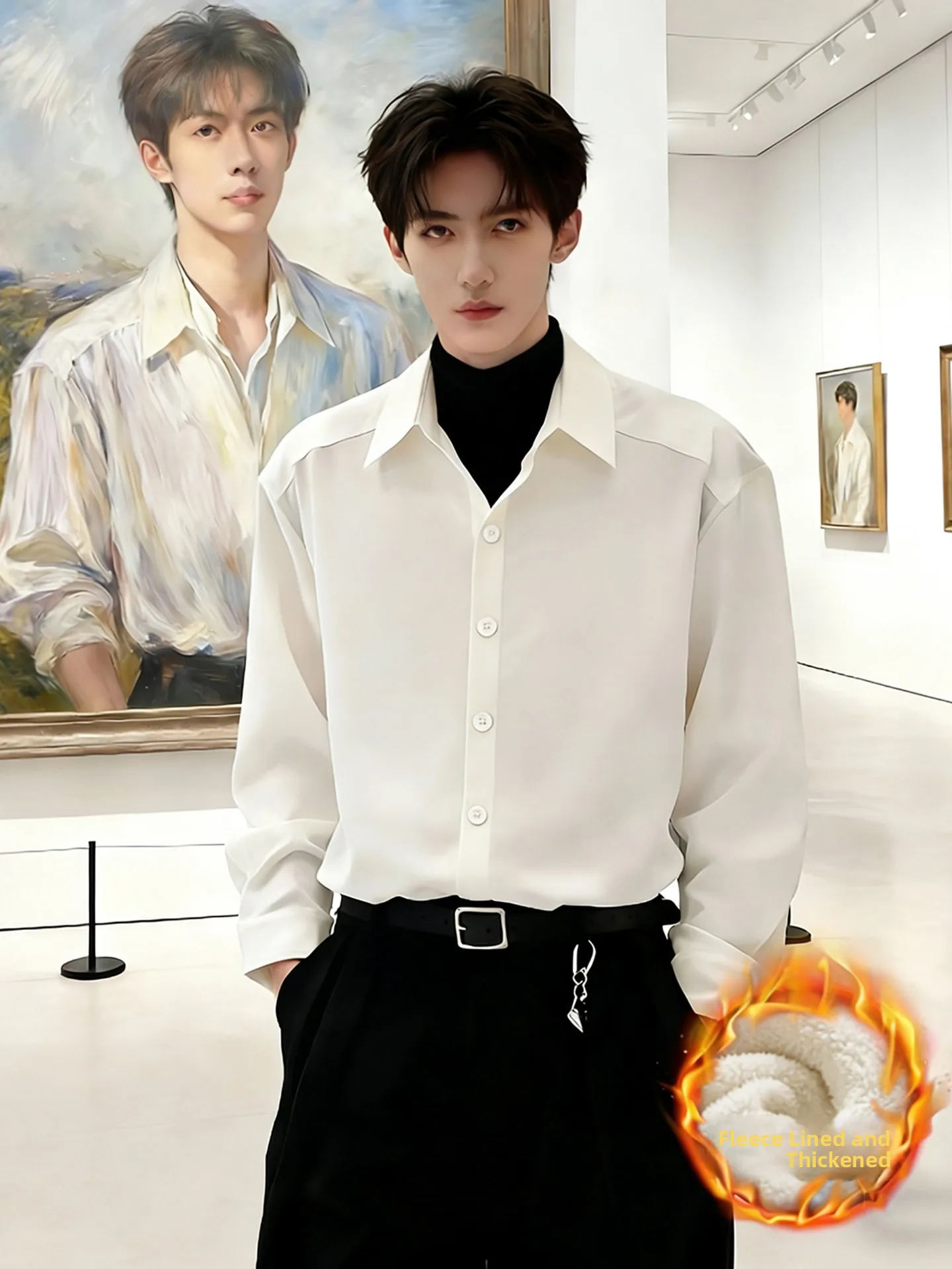 White Fleece Lined Shirt Men's Autumn Winter British Style Suit Inner Wear Thickened Stand Collar Long Sleeve Standard Fit Shirt