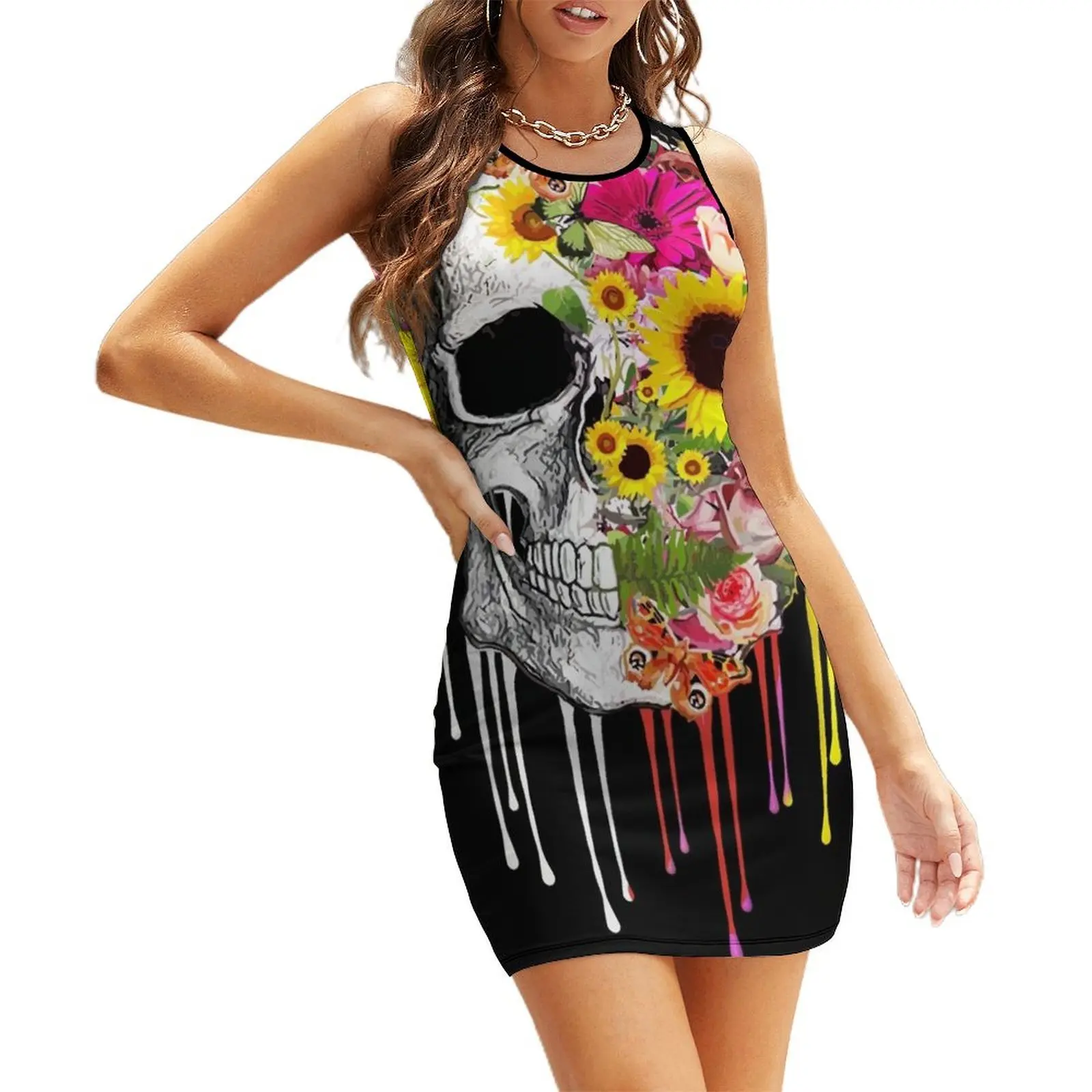 

Skull human anatomy floral, skeleton watercolor orange pink sunflowers,mask cool, funny,cute, Sleeveless Sundress