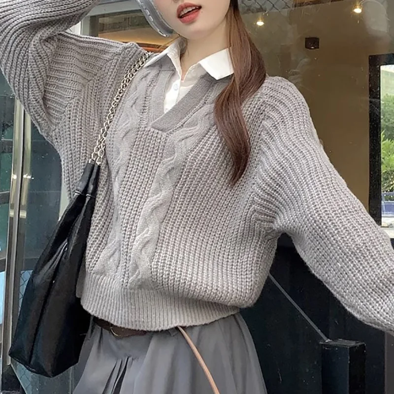 

Autumn Fashion Fake Two-Piece Polyester Casual Top Trendy Loose Knitted Long Sleeve Shirt Sweater Women's College Style