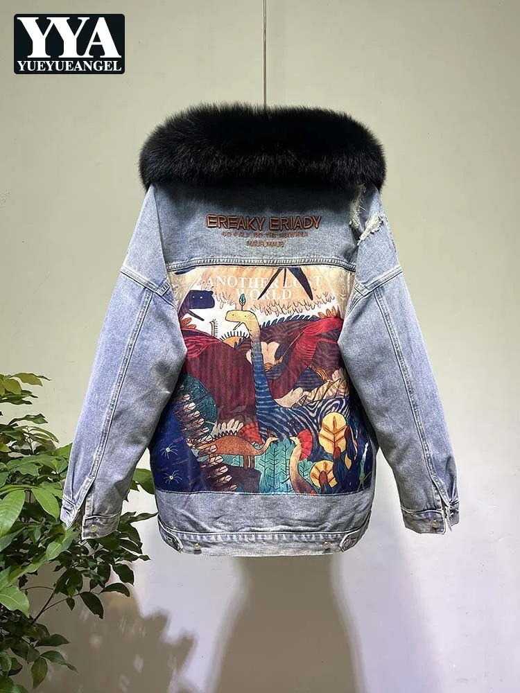 Nouvelles femmes hiver chaud doudoune véritable col de fourrure de renard détachable Denim vers le bas manteau imprimé Patch conceptions coupe-vent vestes bouffantes