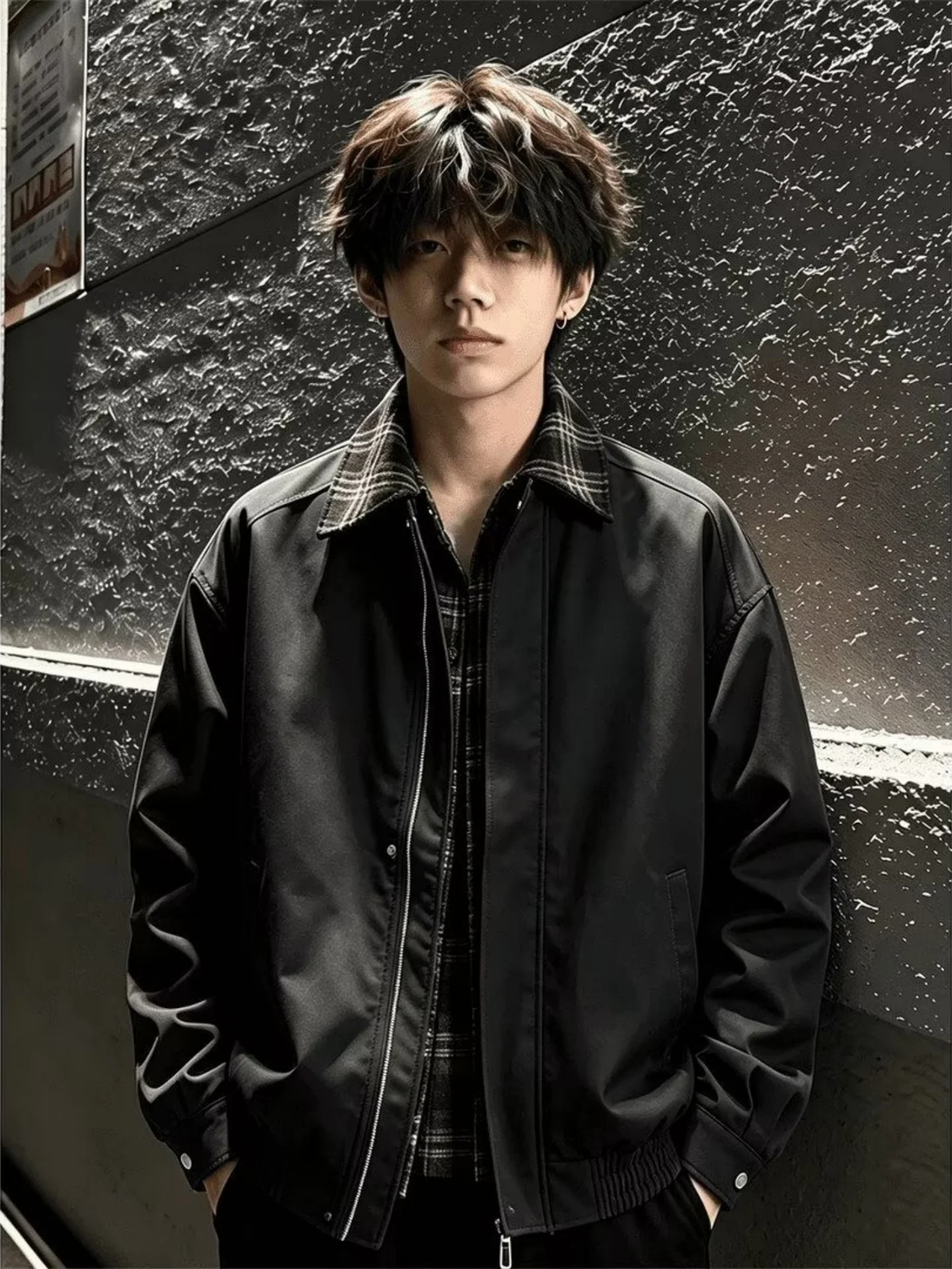 Retro Plaid Collar Flight Jacket Men's Loose Harrington Fake Two-Piece Outerwear Autumn Season Youth Trend Spring Listing