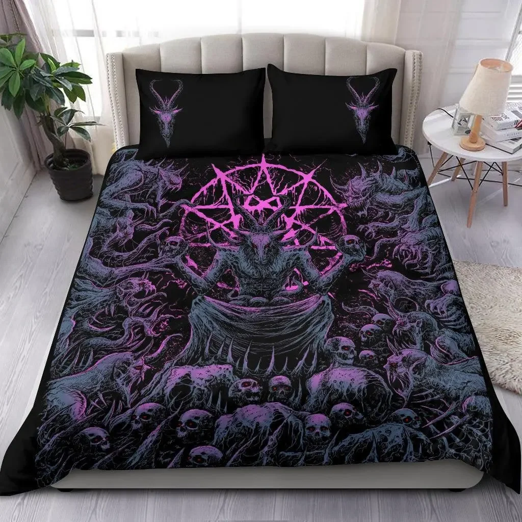 Skull Skeleton Satanic Goat Skull Duvet Cover Set Trophy Demon Breed Bedding Sets Night Blue Pink Satanic Baphomet Quilt Cover