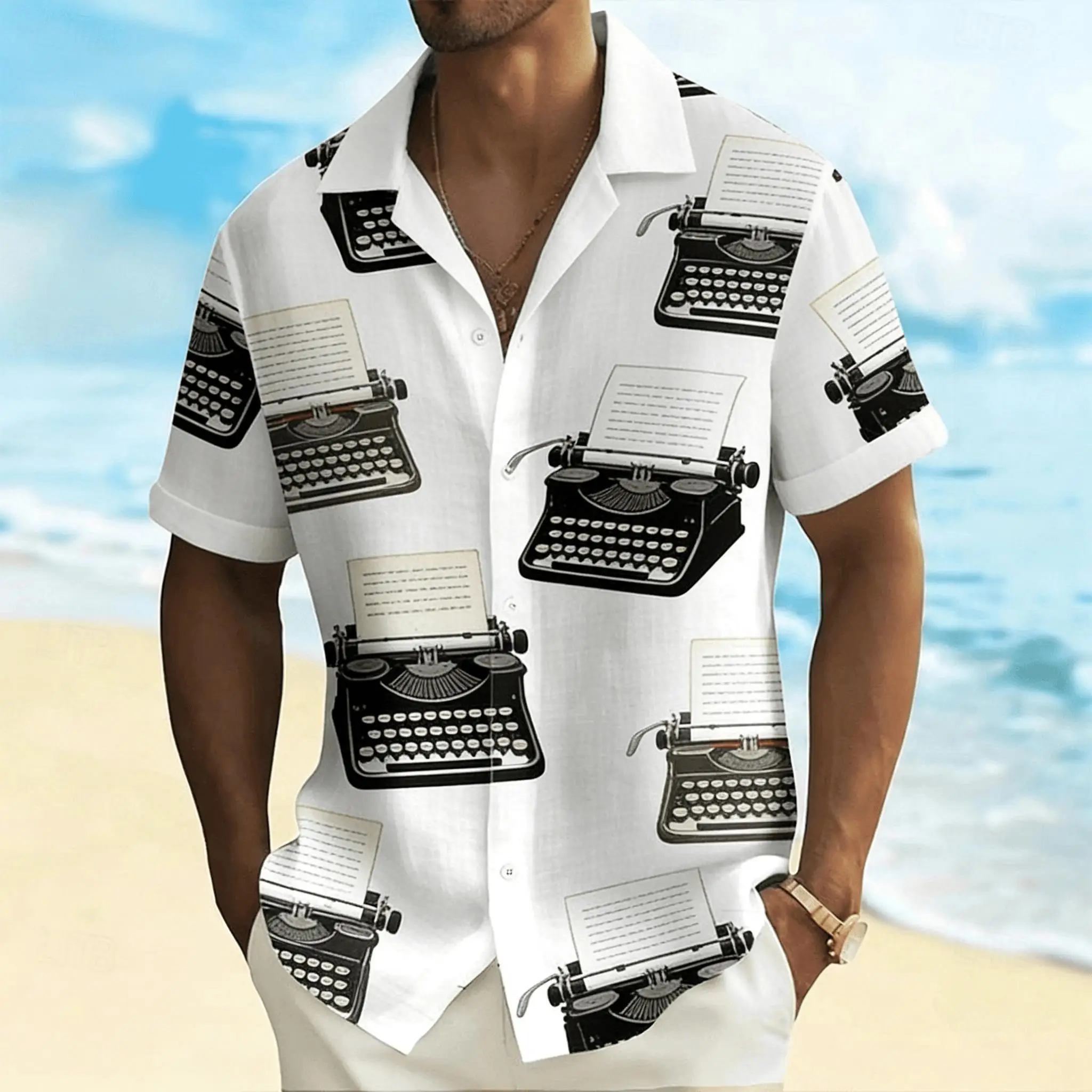 

Summer Casual Shirt, Indigenous Tribal Chief Mask with Aztec Style Cuffs, Turn-Down Collar Top for Ethnic Western Vibe