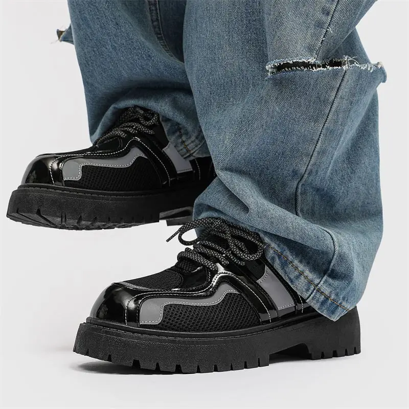 Men Spring New British Casual Height Increasing Derby Shoes Trendy Versatile Black Breathable Chunky Leather Shoes