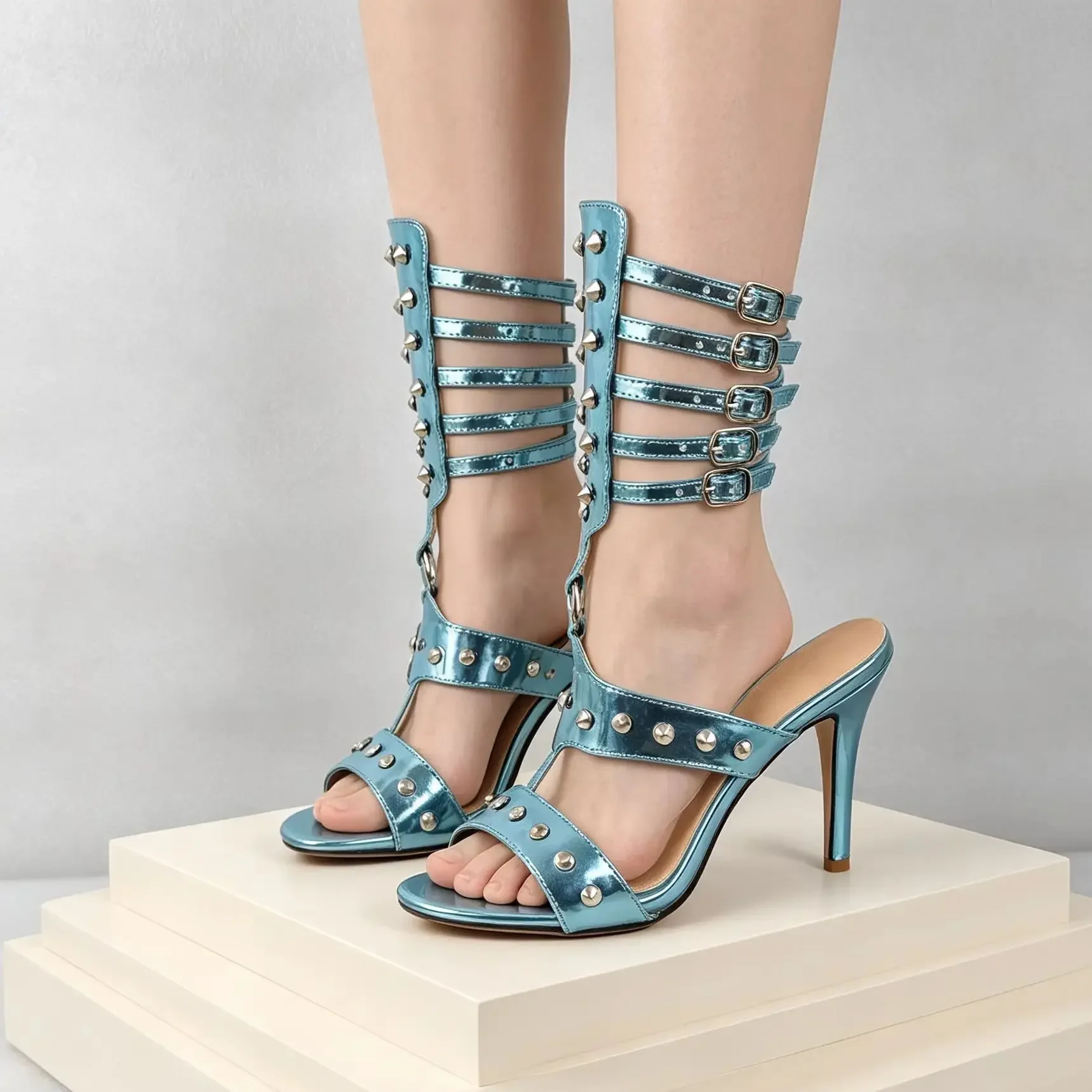 Metallic Blue Spiked Stud Women Sandals Open Toe Multi Strap Cutout Thin High Heels Punk Party Pumps Edgy Female Footwear Shoes