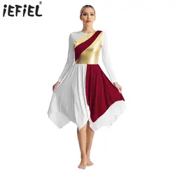 Womens Liturgical Lyrical Dance Dress Long Sleeve Metallic Asymmetrical Dresses Worship Costume Ballet Dance Performance Dress