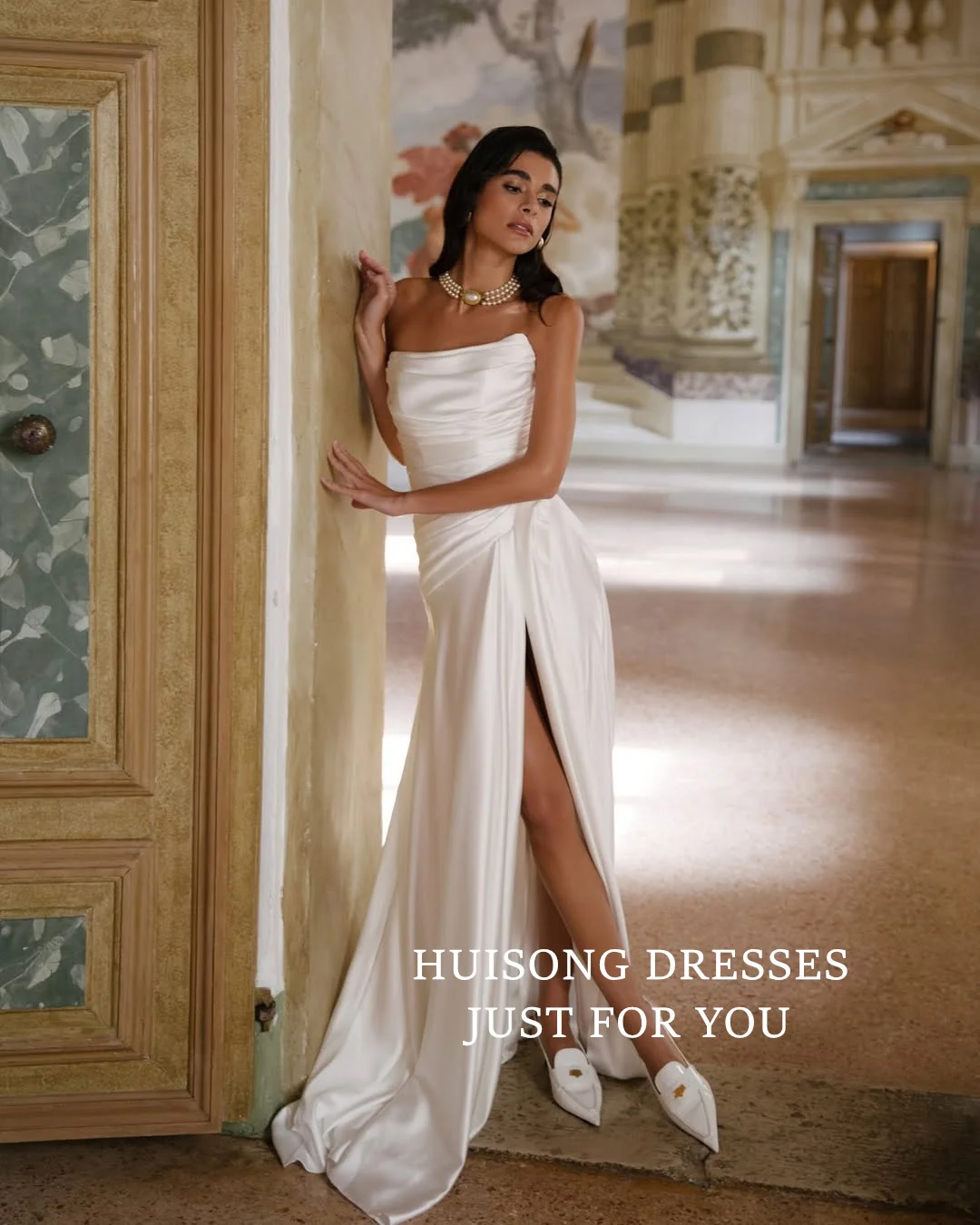 HUISONG vestidos de novia de sirena de satén personalizados sin mangas vestido de novia de playa con abertura lateral vestidos de novia