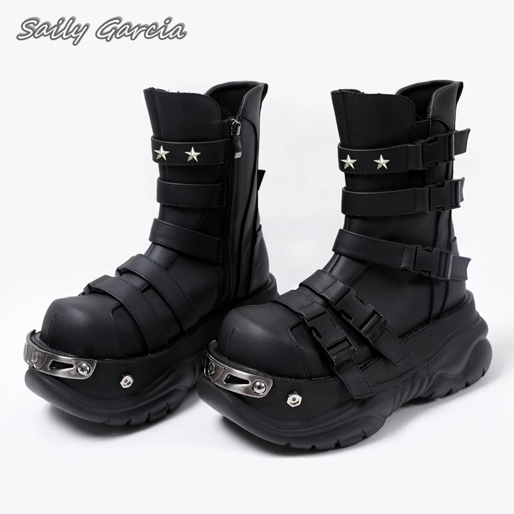 

Chunky Heel Side Zipper Metal Star Punk Style Boots 2024 Summer New Fashion Matte Mid Calf Boots Round Toe Platform Casual Boots