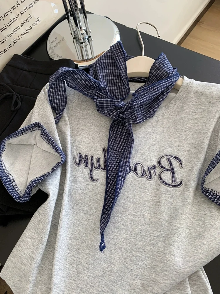 

Корейская свободная летняя хлопковая футболка для женщин, модный топ с коротким рукавом, вышивкой и аппликацией в стиле пэчворк