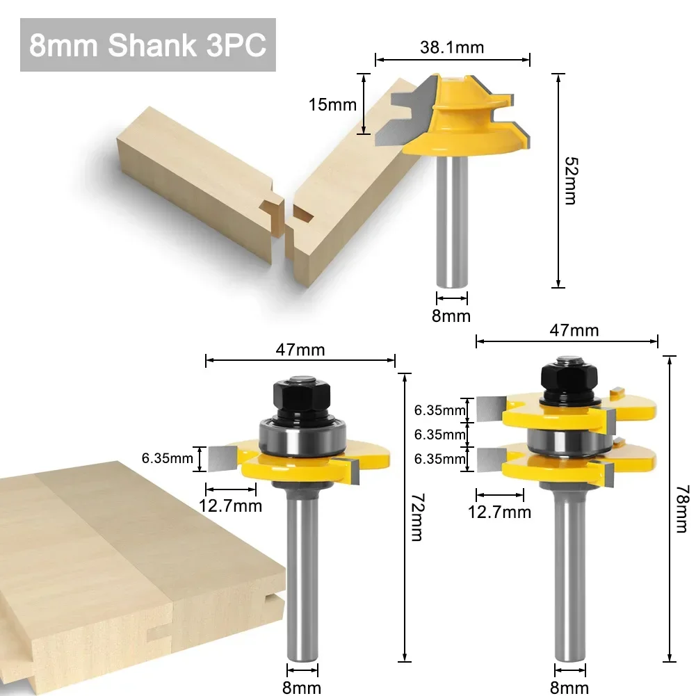 3 PCS 8mm Shank high quality Tongue & Groove Joint Assembly Router Bit Set 45 Degree Lock Miter Rout3/4