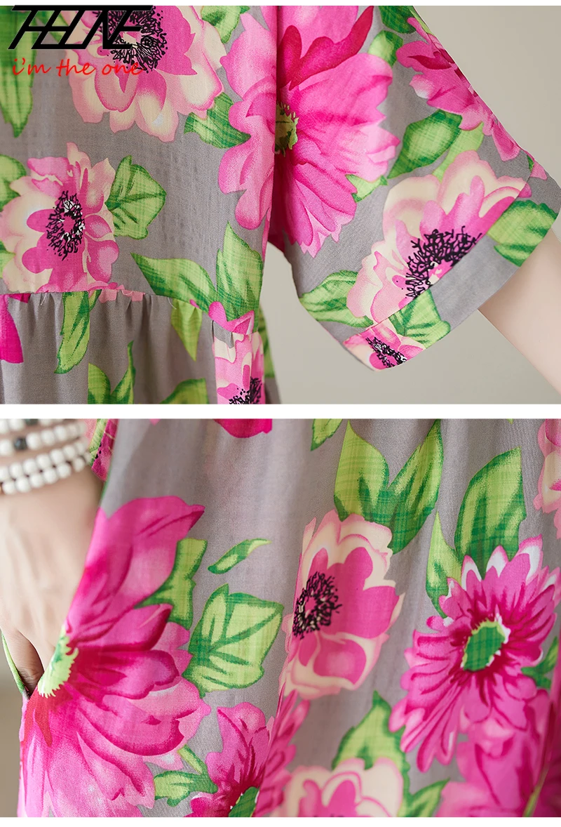 Thhone Vestidos Para Mujer Bohemian Print Maxi Lange Jurk Voor Vrouwen 2024 Bloemen Casual Katoen Linnen Losse Vintage Gewaad Jurken