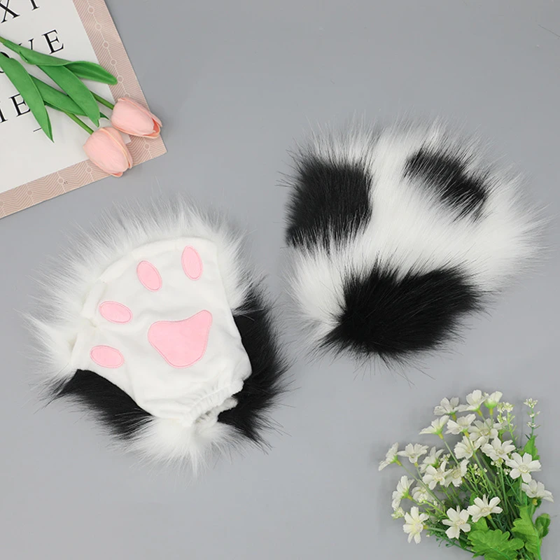 Rękawiczki Cosplay z Imitacji Futra Lisiej/Kotiej Łapy Anime Fursuit Mitki Zwierzęce Łapy Halloween COS Rekwizyty Kostiumowe do Rękawic