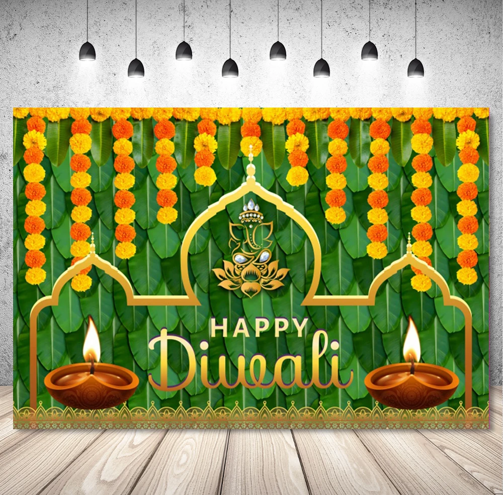 Happy Diwali Festival Background Photography Indian Traditional Deepavali Lights Diyas Candle Marigold Diwali Decor Banner Props