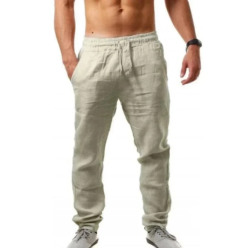 Picture 4: M-4XL Solid Color Pocket Drawstring Loose Straight Men's Pants Casual, Breathable and Comfortable Cotton and Linen Summer Pants