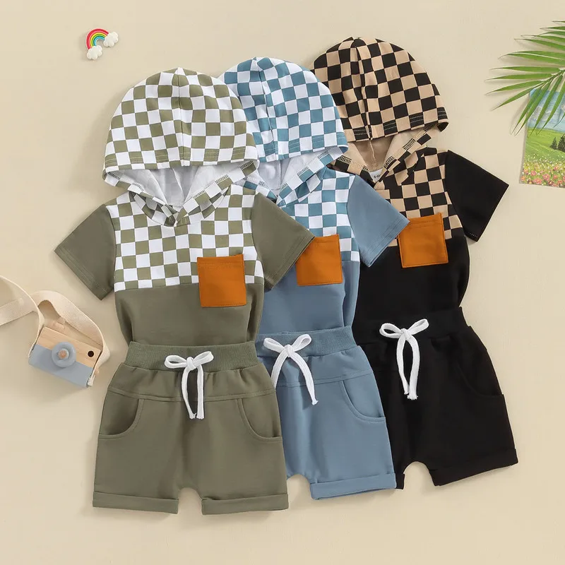 

Toddler Boys Shorts Sets 2 Piece Outfits Checkerboard Patchwork Hoodie T-Shirt and Elastic Shorts for Summer Clothes Set