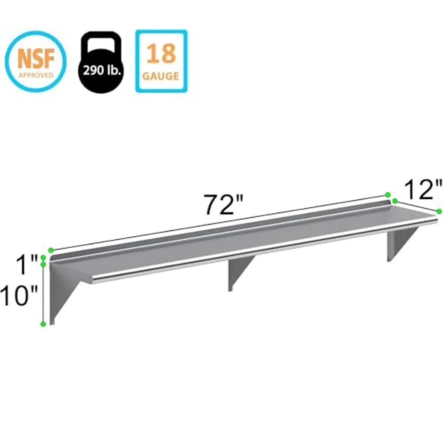Heavy Duty Stainless Steel Wall Mount Shelf 12 x 72 - NSF Certified for Commercial Kitchen Use, Silver, Corrosion-Resistant Loa