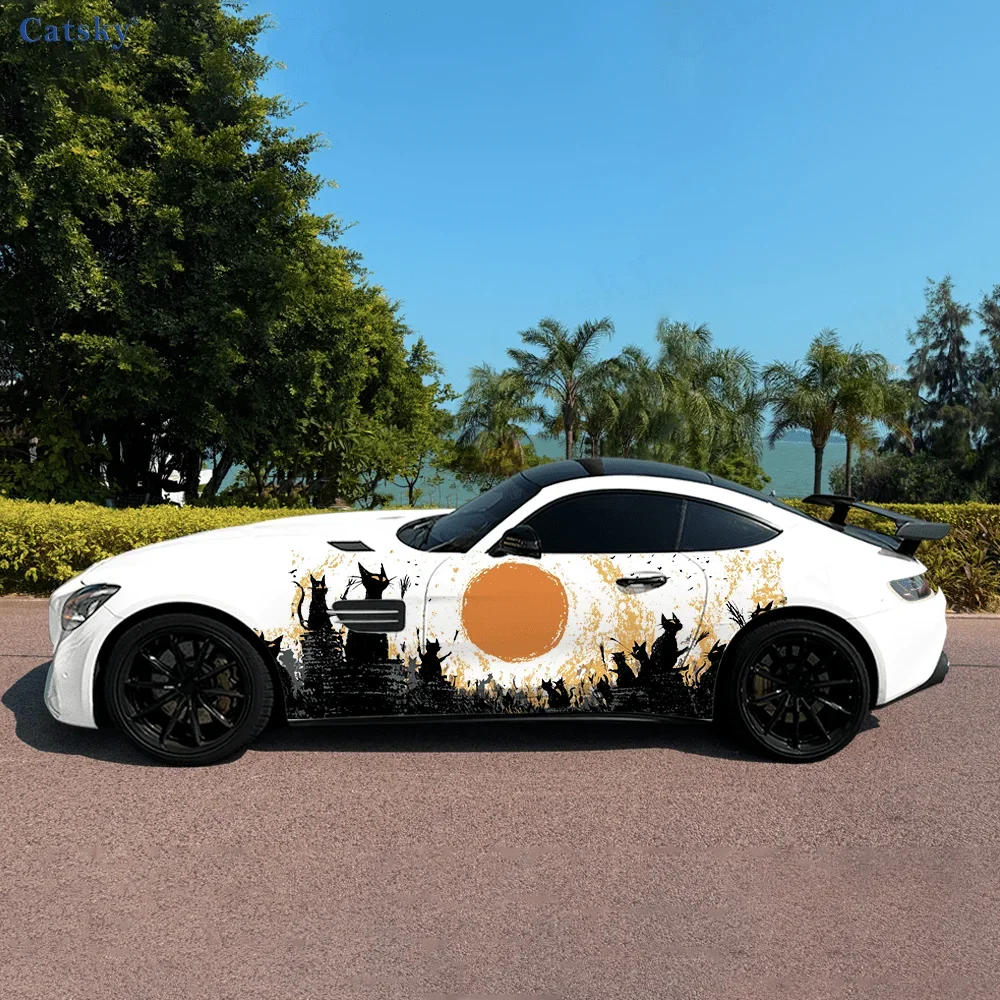 

Закат кот костер лес боковая наклейка автомобиля декор, ПВХ водонепроницаемая устойчивая к царапинам наклейка, защита автомобиля, автоаксессуары подарок