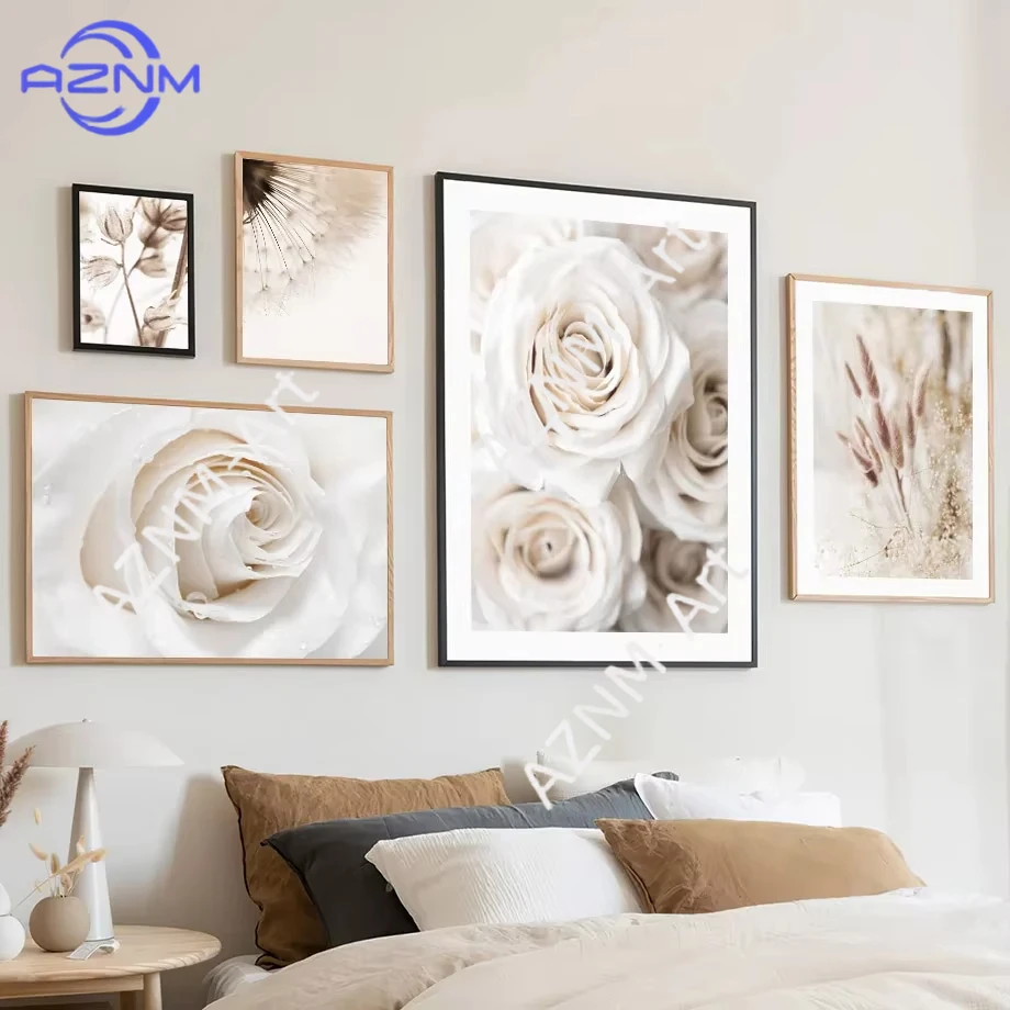1 Stück Natürlicher Löwenzahn Pfingstrose Rose Pflanze Weiße Blumen Minimalistischer Wandkunstdruck Leinwandgemälde für Wohnzimmer Moderne Heimdekoration