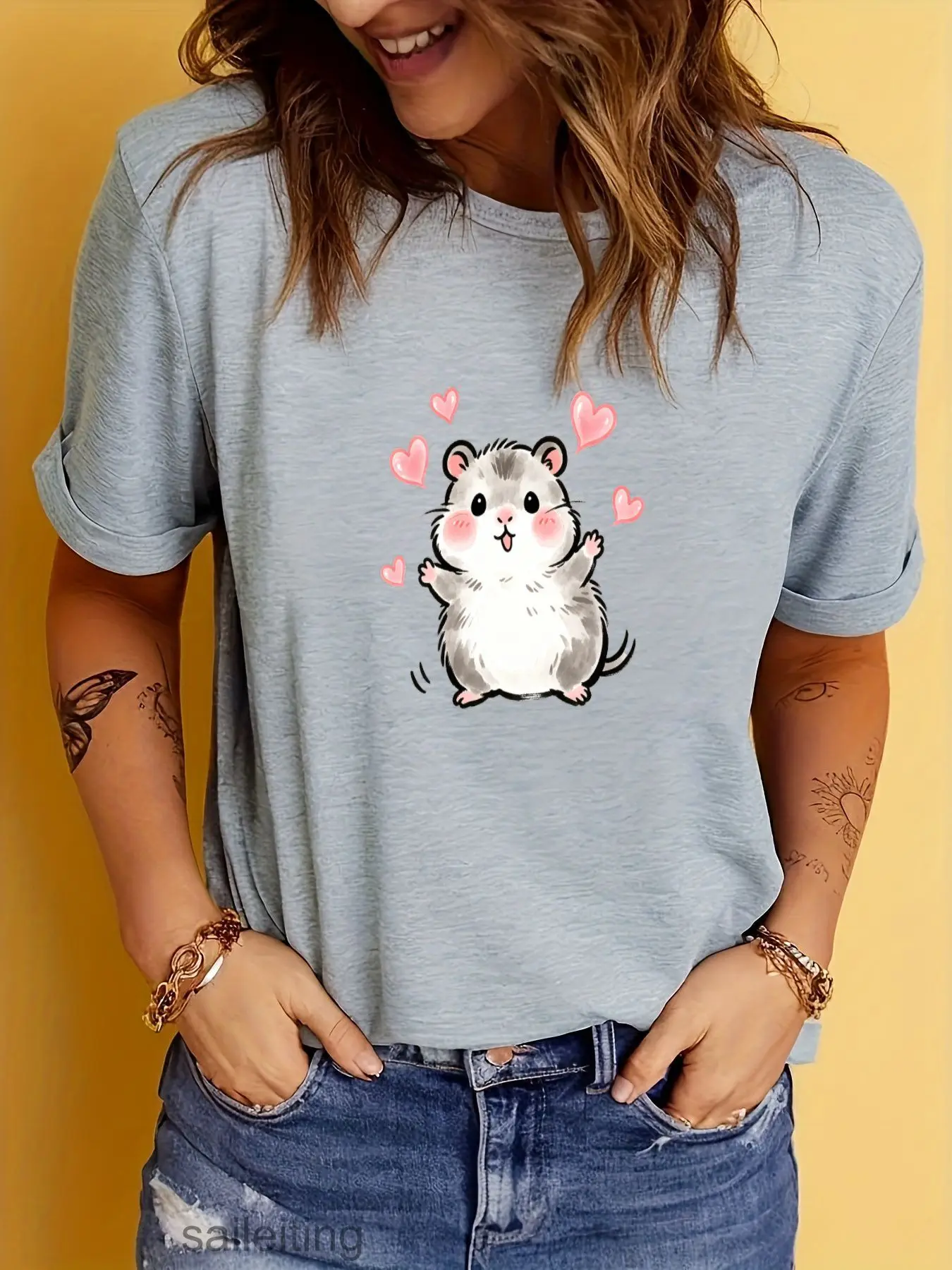 Cute Fluffy Hamster Cartoon T-Shirt Women Summer Breathable Short Sleeve Tee with Pink Hearts - Soft Casual Top for Mom Daugh
