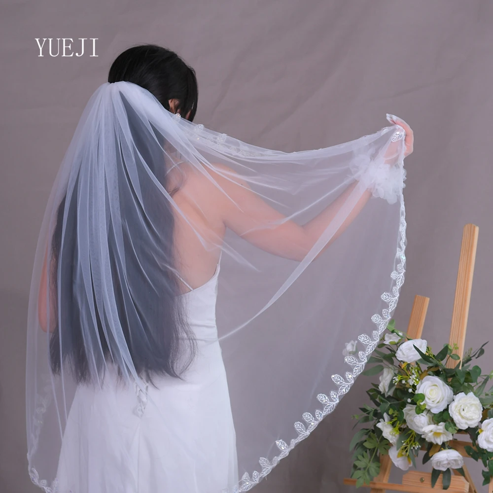 

YUEJI Lace Foliage Edge Bridal Veil Single Finger Long White Wedding Accessory With Sequins Wedding Veil Sparkle YJ201