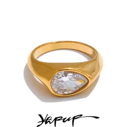 Yhpup High Quality AAA Shiny Cubic Zirconia Water Drop Geometric Golden Ring for Women Temperament Delicate Jewelry Gift