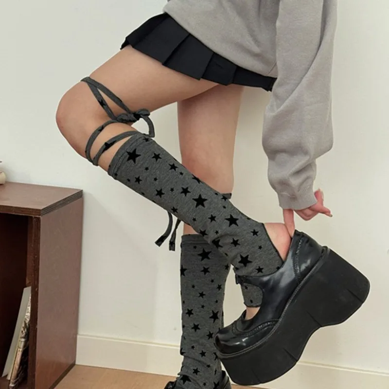 Women's Star Cross Strap Calf Socks JIK Girl Ankle Socks Polka Dots Tie Ins Style Sweet Mid-calf Socks with Foot Covers Set