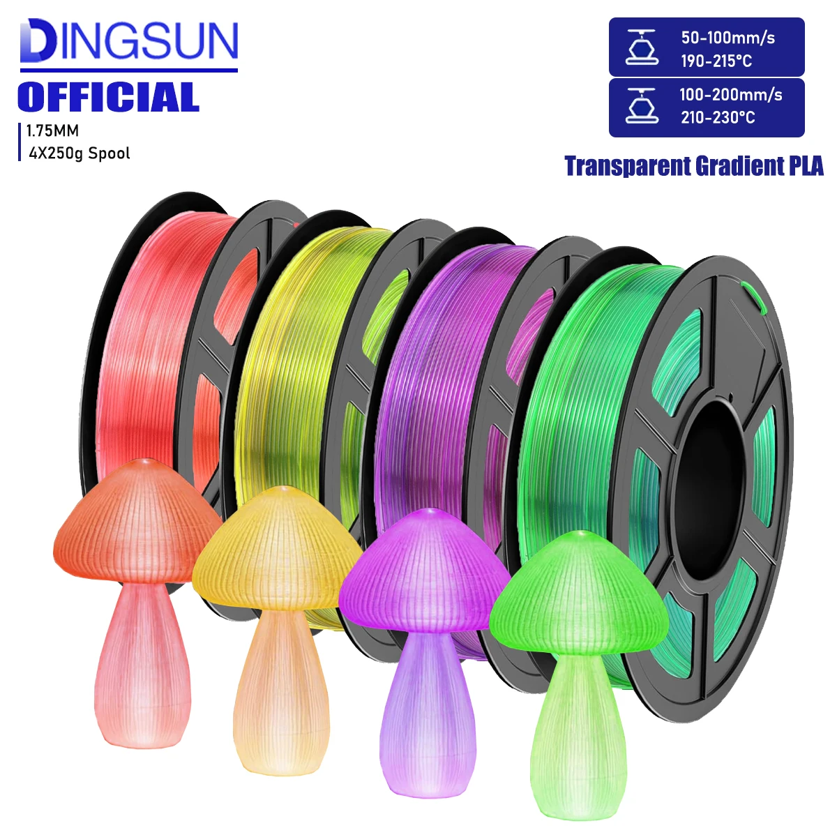 

3D printing filament PLA gradient transparent multicolor 1.75mm, dimensional accuracy +/- 0.02mm.