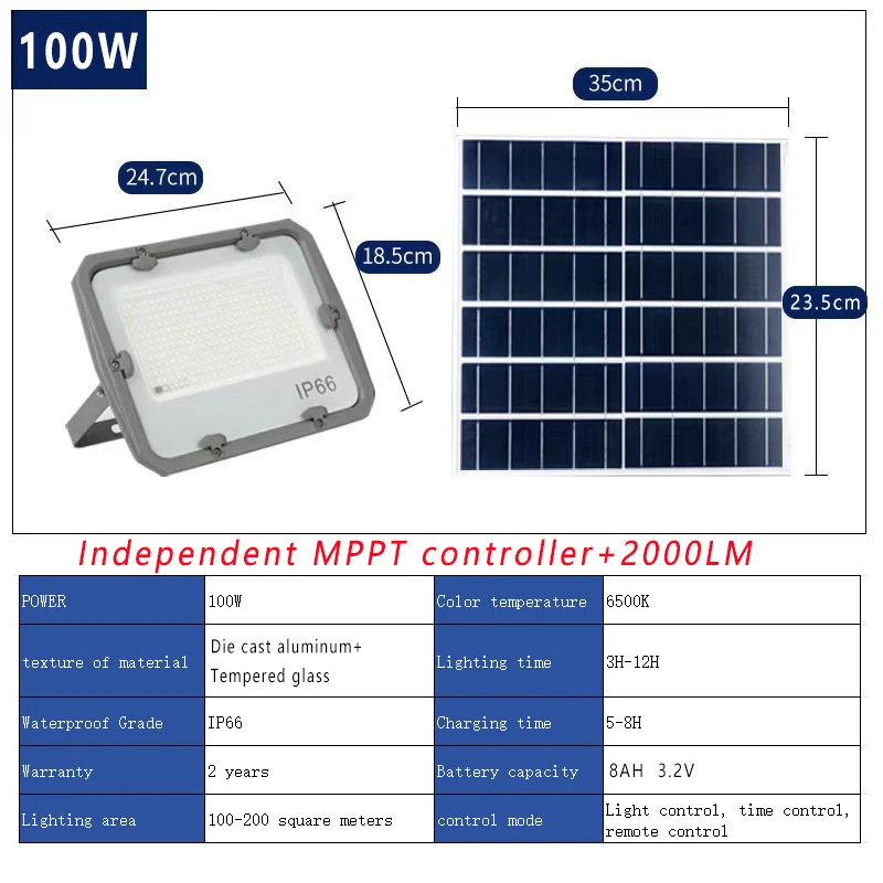 Die cast aluminum shell IP65 solar floodlight 100w