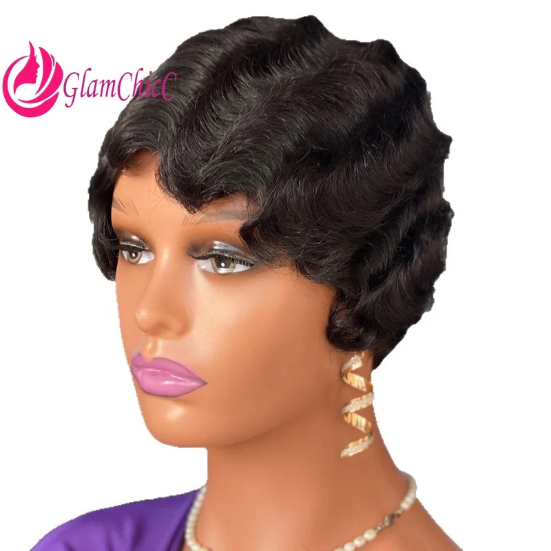 

Pixie Curly Finger Wave Natural Color Human Hair Full Machine Wig Shanghai Head Brazilian Virgin Remy for Women Party Daily Wear