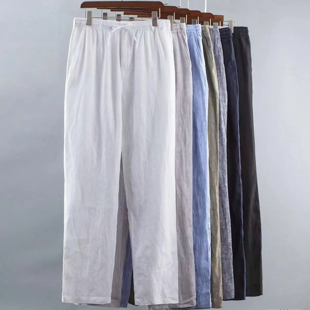 

White Linen Summer Thin Straight Loose Cotton mid High Waist Long Pants Elastic Dstring Men's Casual Trousers CleanFit Sle