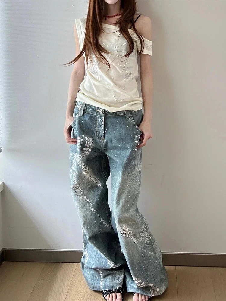 

Women Vintage Baggy Print Jean 2025 Autumn Y2K Streetwear Harajuku Flare Denim Pants Grunge High Street 2000s Trousers
