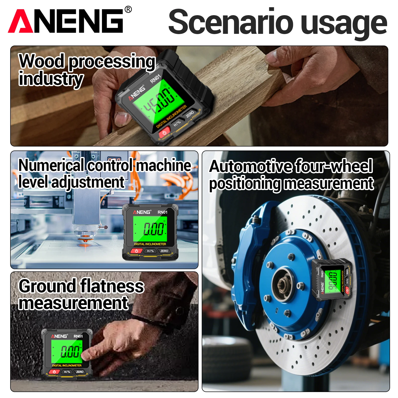 ANENG RN01 Digital Inclinometer 4-Side Strong Mag Angle Gauge 0.05° Res Slope Level Backlit Screen Woodwork Precision Measuring