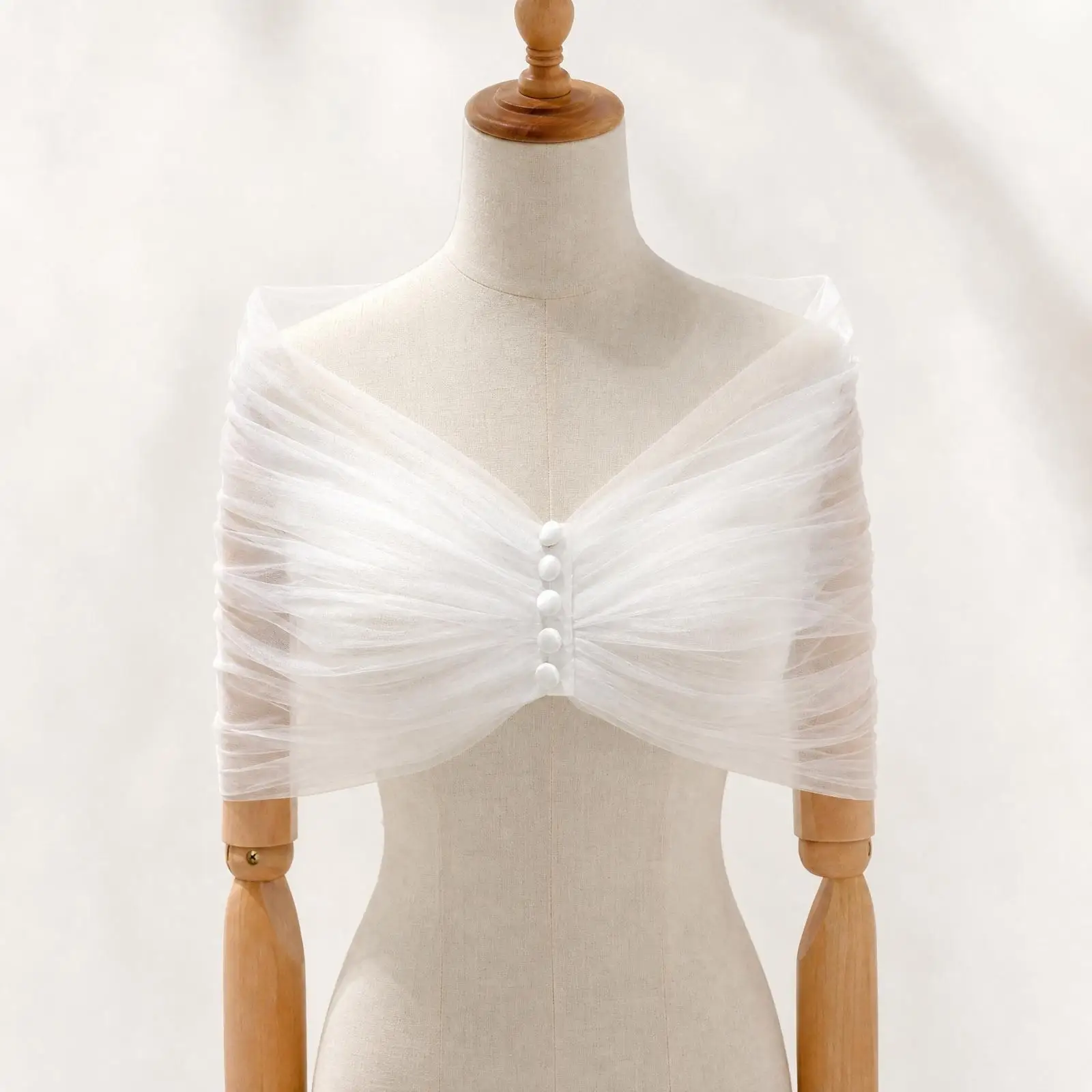 Delicate Women Wedding Shawl for Bridal Gown White Mesh Shoulder Wrap with Crossed Neckline Elegant