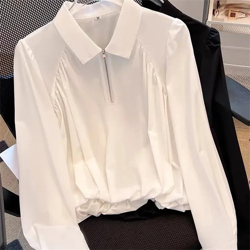 

French Lapel Long-Sleeved Shirt Women's 2025 New Spring Autumn Summer Coat Lady Elastic Waist Cover Belly Slim Top Female Blouse