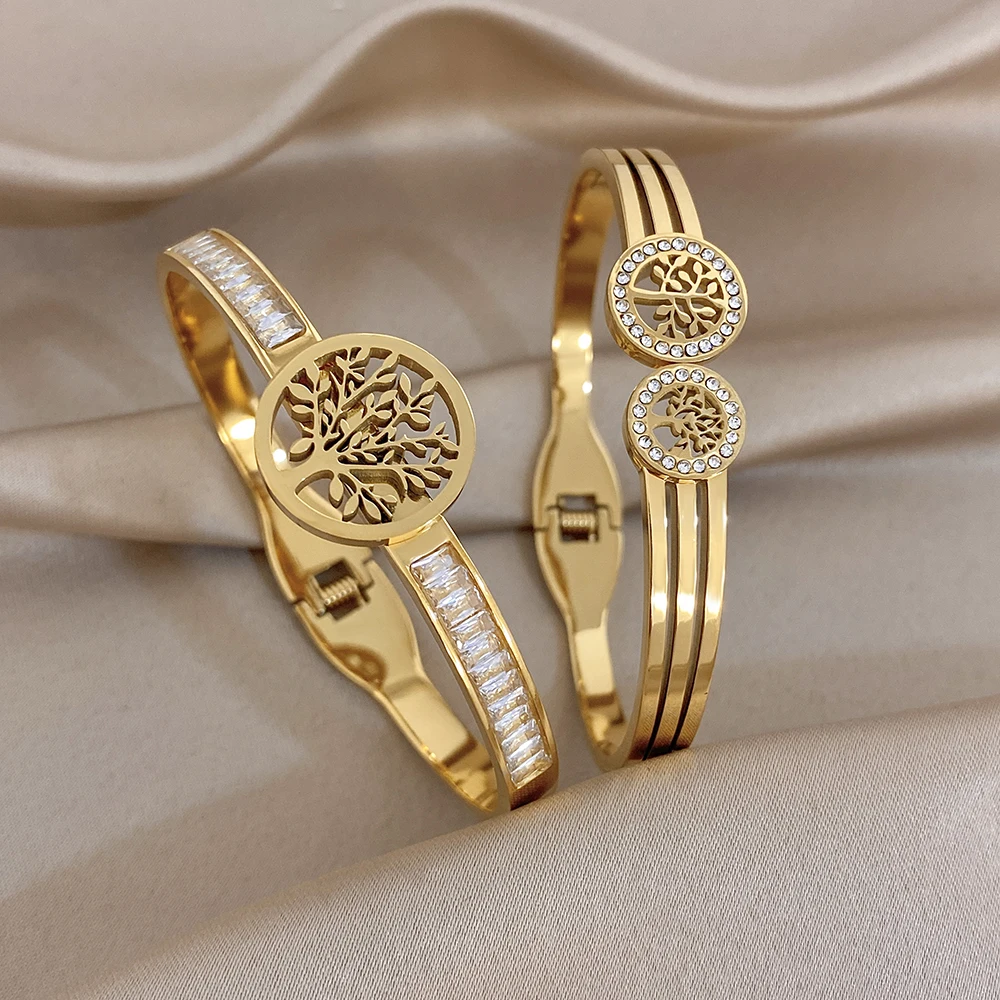 Vintage Tree of Life Hollow Round Golden Stainless Steel Bangle for Women Zircon Waterproof Spring Bracelet Exquisite Jewelry