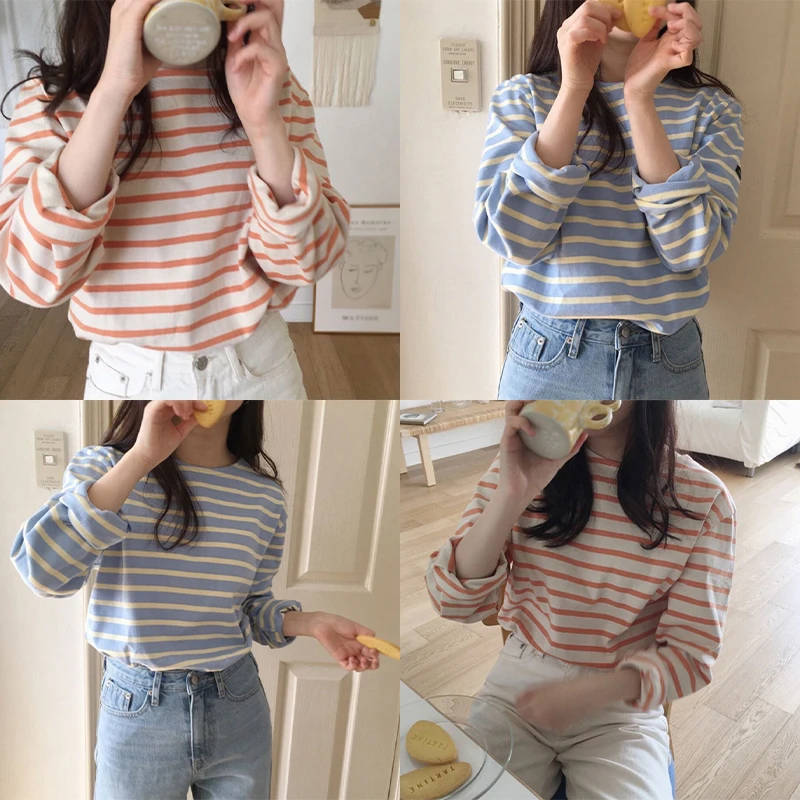 Spring and Autumn New Korean Striped T-shirt Women\'s Long sleeved Loose Inner Laydown Bottom Shirt Versatile Top