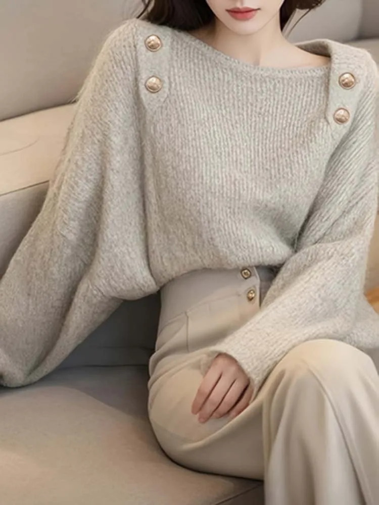 

Женский шерстяной пуловер с круглым вырезом и пуговицами, модный, свободный и универсальный, подходит для ежедневных путешествий, поездок на работу.