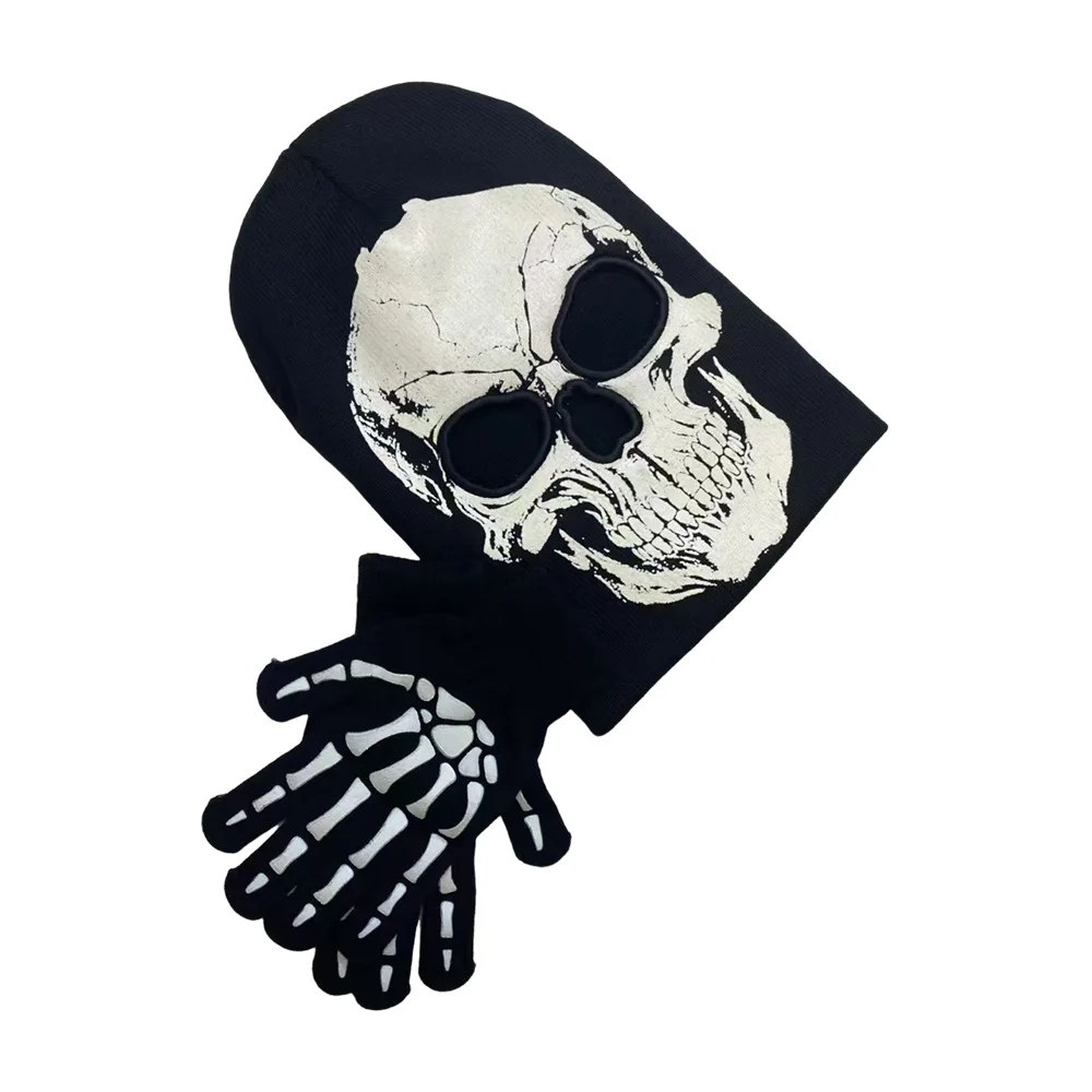 Fall/winter new skull glow-in-the-dark knit hat atmosphere party Skull gloves one Halloween pull-over hat